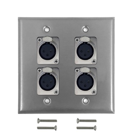 4-Port 3-Pin XLR Locking Female Wall Plate Kit - Stainless Steel