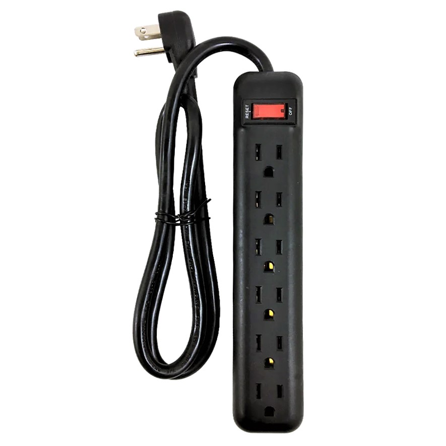 6 Outlet Power Bar - 3ft Cord, Down Angle Plug - Black