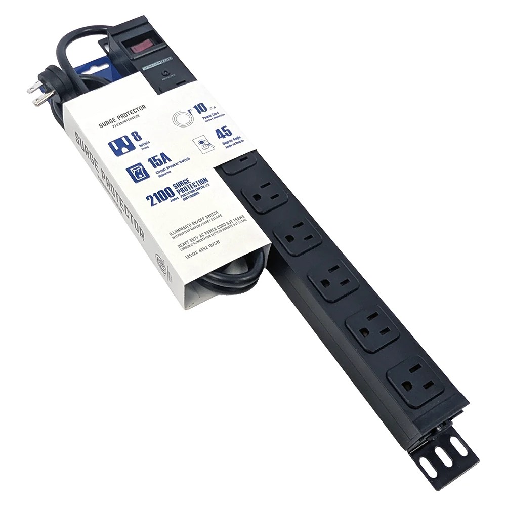 8 Outlet Metal - Black - with  Surge Protector 2100J  and  45 Degree Angle Plug 