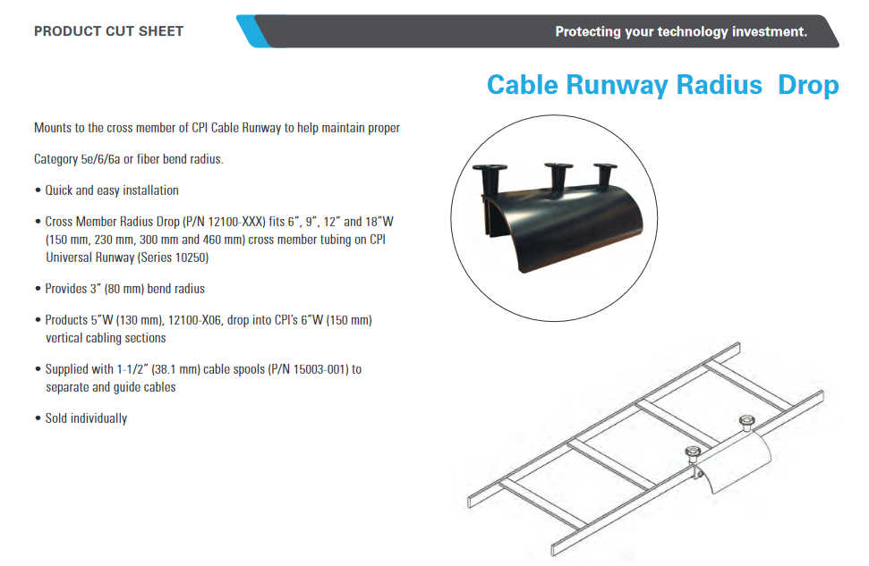 Cable Runway Radius Drop, Cross Member; 11"W; Black