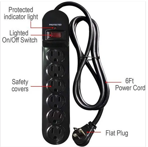 6 Outlet Power Bar - 6ft Cord, 900 Joules, 90 Degree Angle Plug - Black