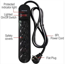 6 Outlet Power Bar - 6ft Cord, 900 Joules, 90 Degree Angle Plug - Black