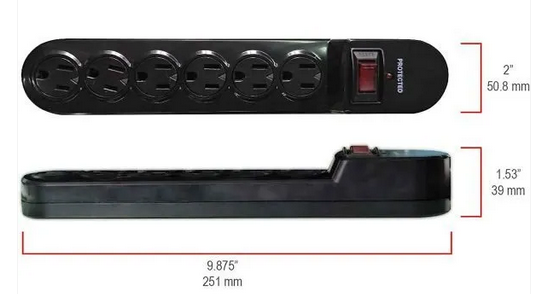 6 Outlet Power Bar - 6ft Cord, 900 Joules, 90 Degree Angle Plug - Black