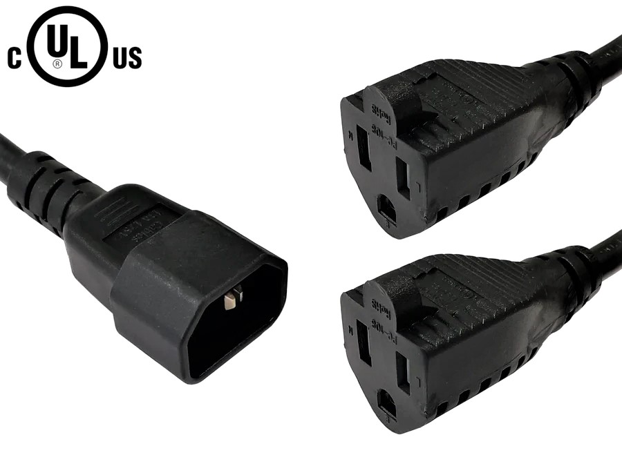 Power Splitter Cable IEC C14 to 2x NEMA 5-15R - 16AWG (13A 125V)