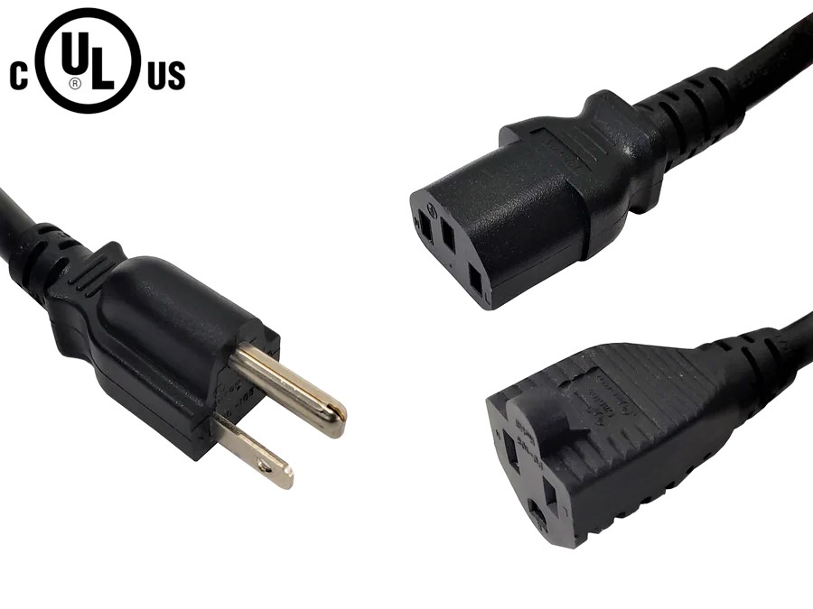 Power Splitter Cable NEMA 5-15P to IEC C13 & NEMA 5-15R