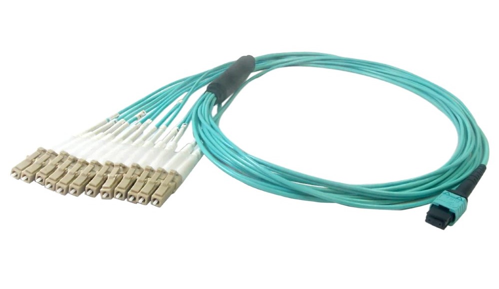 12-Fiber Multimode OM4 12-Position MPO to 12x LC/UPC not clipped, OFNP Plenum