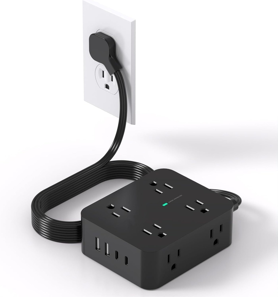 Multiprise parafoudre avec 2 ports USB-C, 2 ports USB-A et 8 prises secteur - 1,5 m, noire