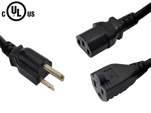 Power Splitter Cable NEMA 5-15P to IEC C13 & NEMA 5-15R