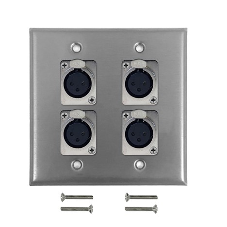 [WPIK-XLRL-4PSS] XLR 3 Position Female Locking 4 Port Wall Plate Kit - Stainless Steel