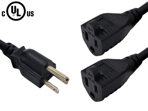 Power Splitter Cable NEMA 5-15P to 2x NEMA 5-15R - 14AWG