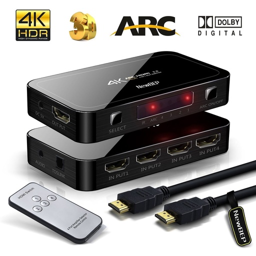 [VSW-HDMI-4P] 4 Port 4x1 Hdmi 2.0 4kx2k @60hz Switch, Optical Toslink Audio Extractor W/Remote 