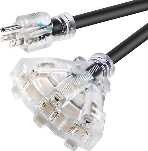 [PCX-515P/3x515R-12-50B] Rallonge 12/3 robuste noire à 3 sorties pour intérieur/extérieur éclairé SJTW Câble d'alimentation de calibre 12 AWG 15 A, 1 875 W, certifié UL, sécurité 