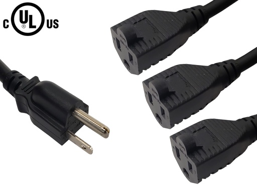 Power Splitter Cable NEMA 5-15P to 3x NEMA 5-15R - 14AWG