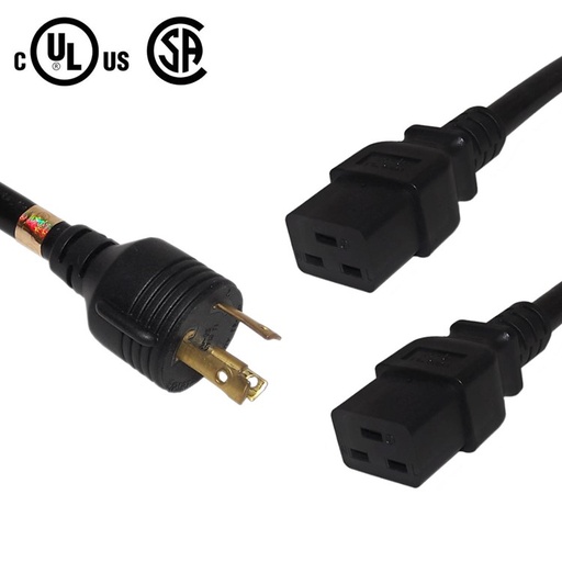 [PCC-L630P-2XC19R-3] NEMA L6-30P to 2x IEC C19 Power Splitter Cable - 10AWG/12AWG SJT - Black