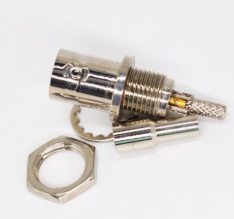 [RF-ZAM-1-1337549-0] 1-1337549-0, RF BNC Connector, Panel Mount, Crimp Terminal, Locking, Jack, BNC RM BHJ Hex 75Ohm Nickel Pltd RG179B/